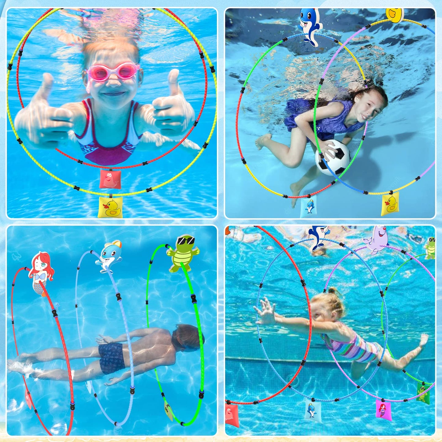 Gushu Diving Toys 15 Pcs Pool Toys For Kids Age 4-8 8-12 Water Swim Thru Rings With Buoys And Sandbags Underwater Training Progr