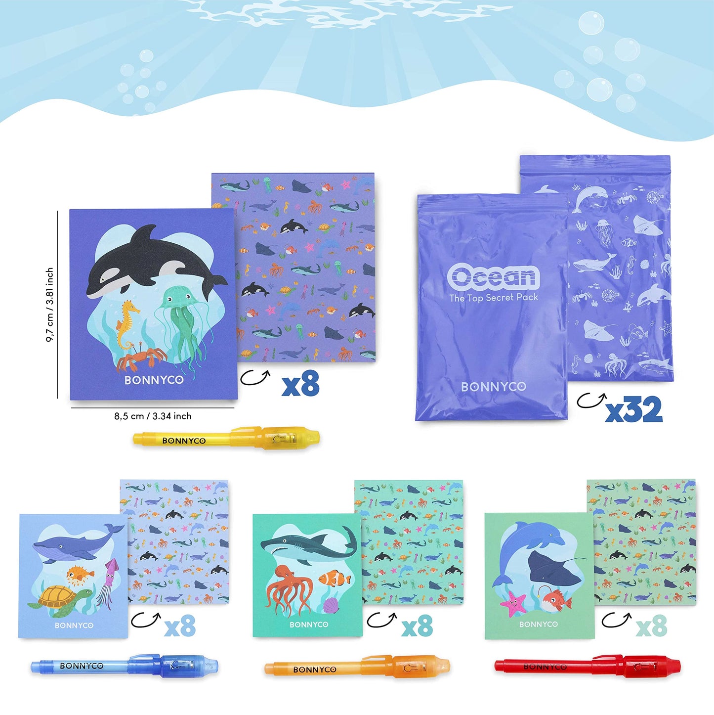 BONNYCO Invisible Ink Pen & Notebook Pack 32 Under the Sea Party Favors | Ocean Party Favors for Kids Goodie Bags Stuffers Pinat