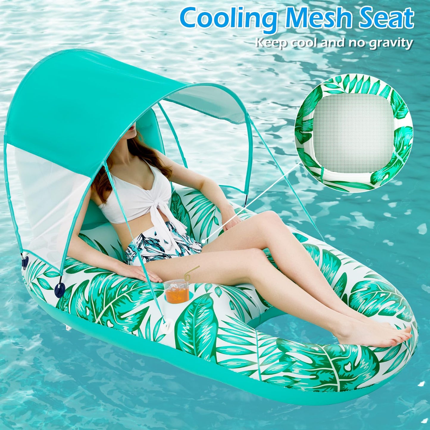 Jasonwell Pool Floats with Canopy - Inflatable Pool Float mature-themed Lounger Floaties Raft Floating Chair for Swimming Pool Lake Water Lounge Float with Cup Holders Beach Pool Party Toys for mature-themeds (Green)