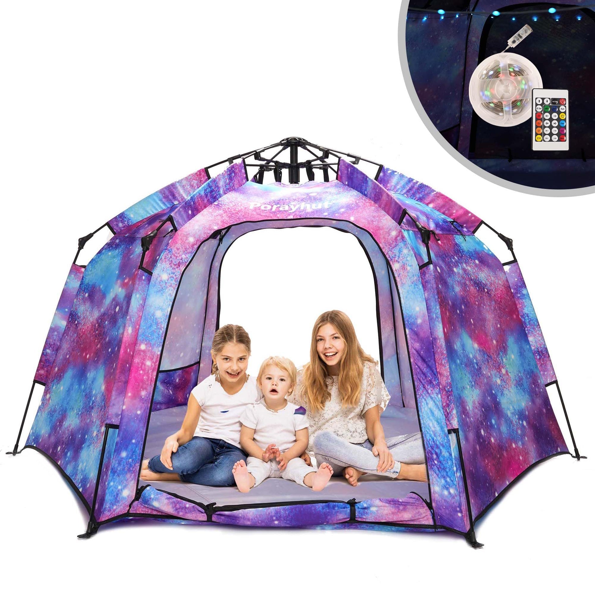 Portable Hexagon Kids Play Tent With Led Strip Lights Indoor Children Play House Easy Set-Up Space Tent Dream Tent For Night.4-5 Person Large Tent & Birthday Gifts