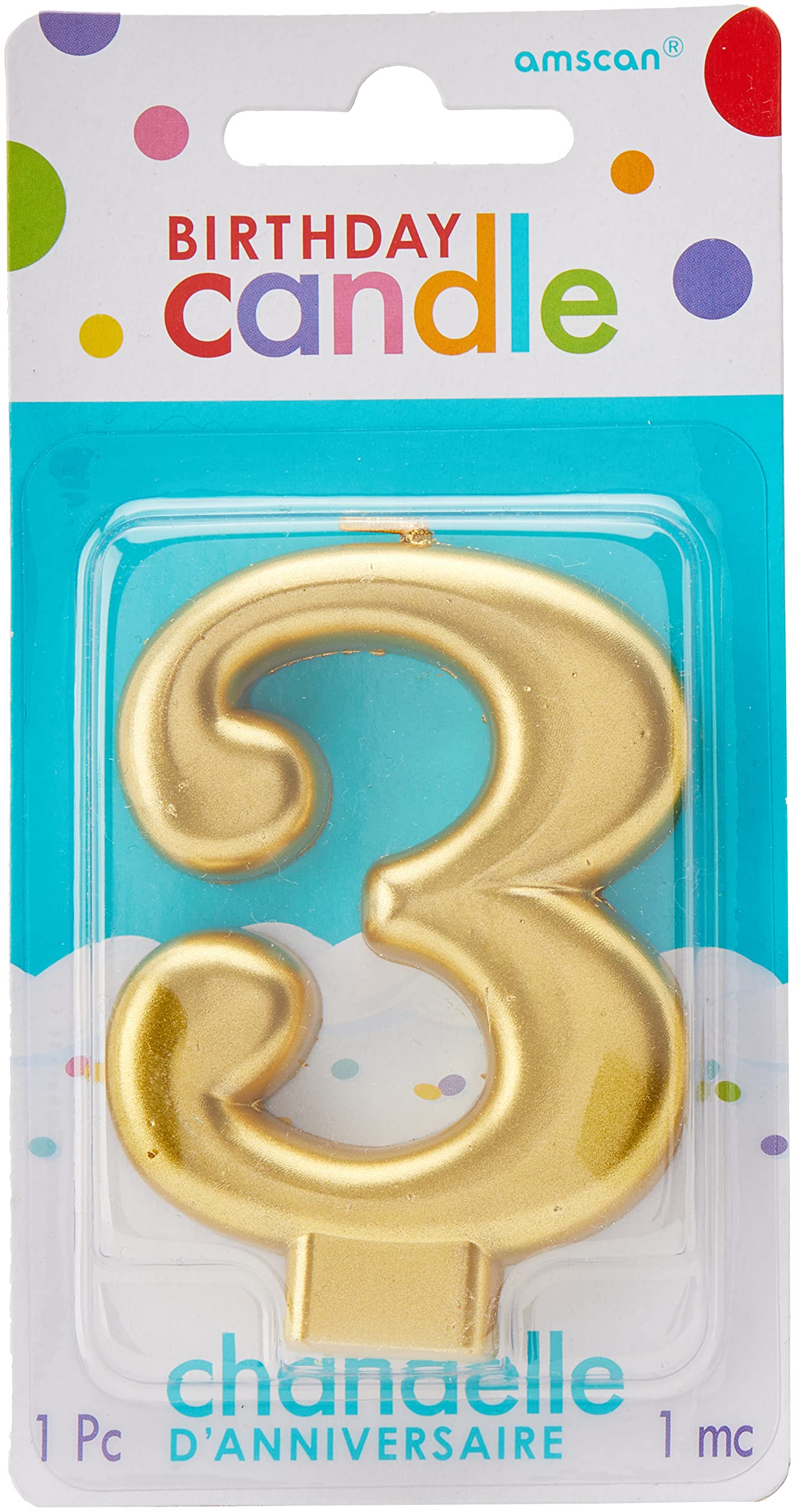 Amscan Number 3 Metallic Gold Candle, 1ct, 3 1/4
