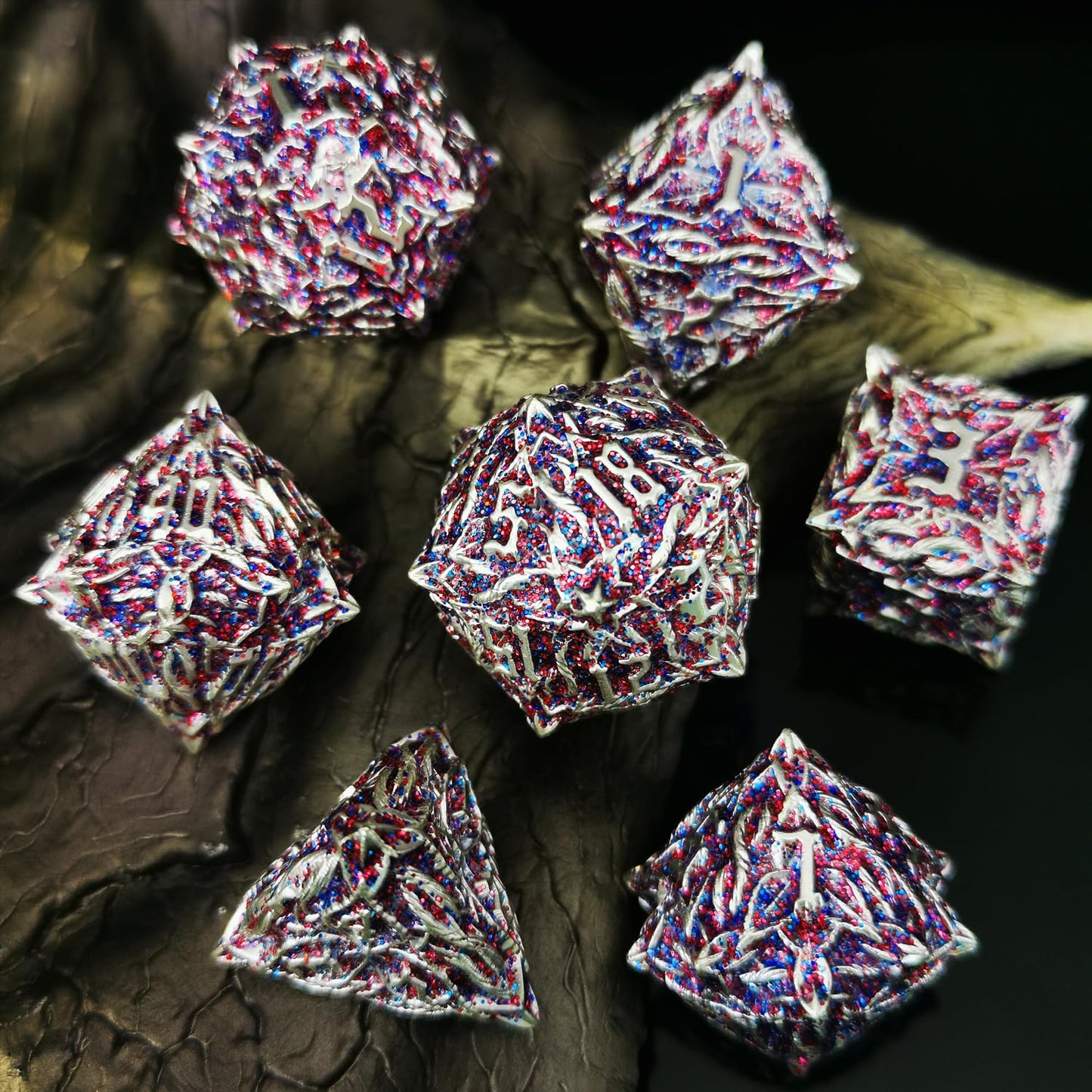 HAOMEJA Metal DND Flash Magic Vine Leaf Dice Set 7 PCS Polyhedral D&D Dice Set Apply to DunFgeons and Dragons Gift Role Playing