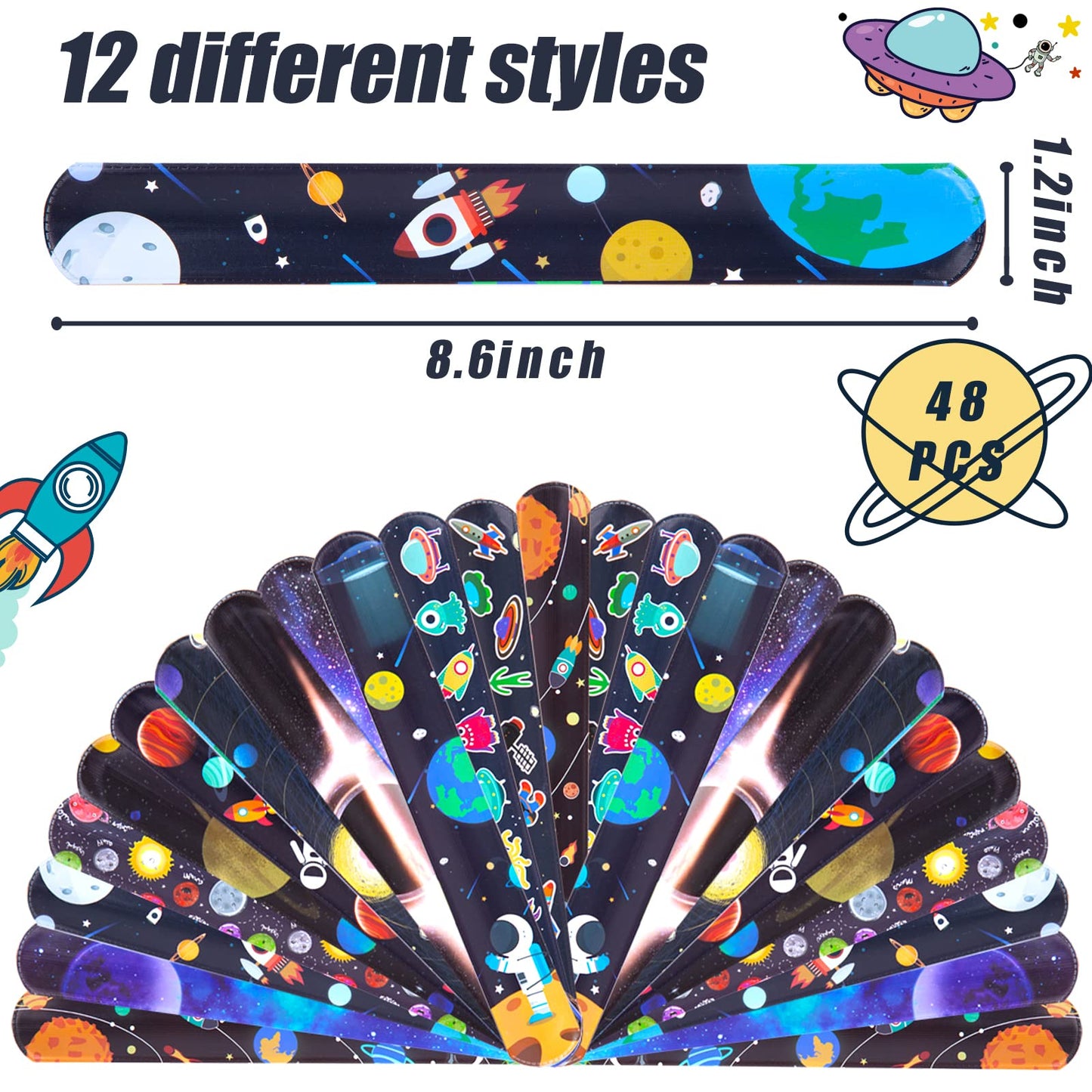 MCPINKY Slap Bracelets, 48PCS Kids Slap Wristbands with UFO Astronaut Space Stars Pattern Snap Bracelets for Valentine's Day Par