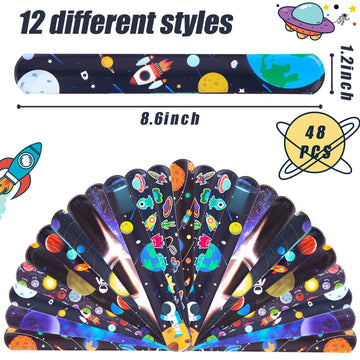 MCPINKY Slap Bracelets, 48PCS Kids Slap Wristbands with UFO Astronaut Space Stars Pattern Snap Bracelets for Valentine's Day Par