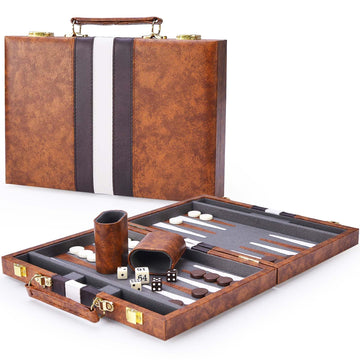 Amerous Backgammon Set, 11 Inches Classic Board Game Withleather Case, Folding Board, Gift Package, Portable Travel Strategy Backgammon Game Set For Adults, Kids (Small, Brown)
