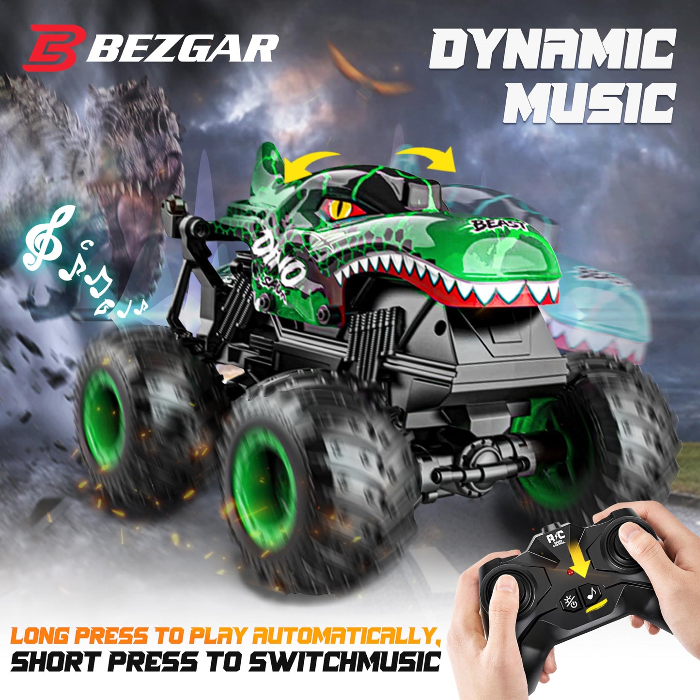 BEZGAR Monster Truck Toys - Remote Control Monster Truck with Light & Music, Dinosaur Toys for Kids, 1:20 Scale RC Truck with 36