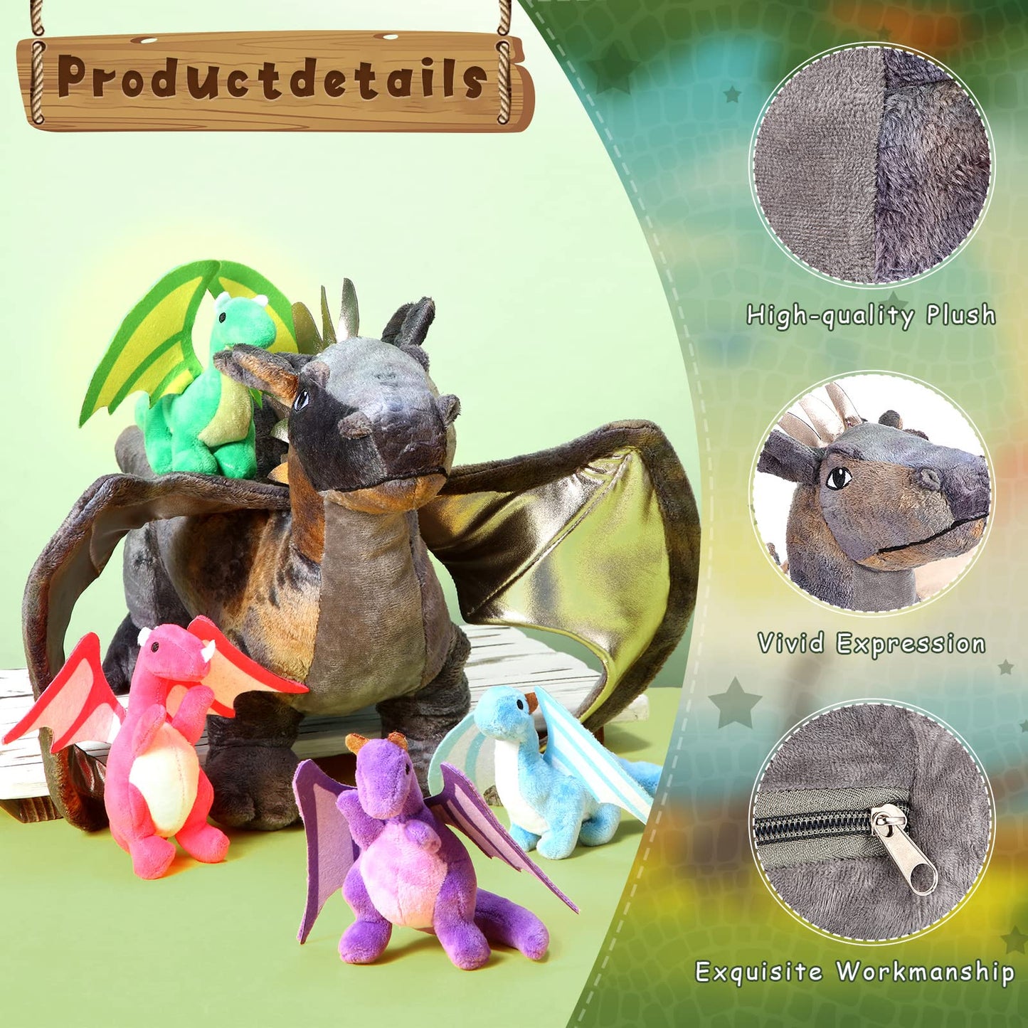 Hydren 5 Pcs Dragon Plush Toys Set 16 Inch Giant Dragon Plush Stuffed Animal With 4 Pcs Babies Dragons In Mommy Dragon'S Belly F