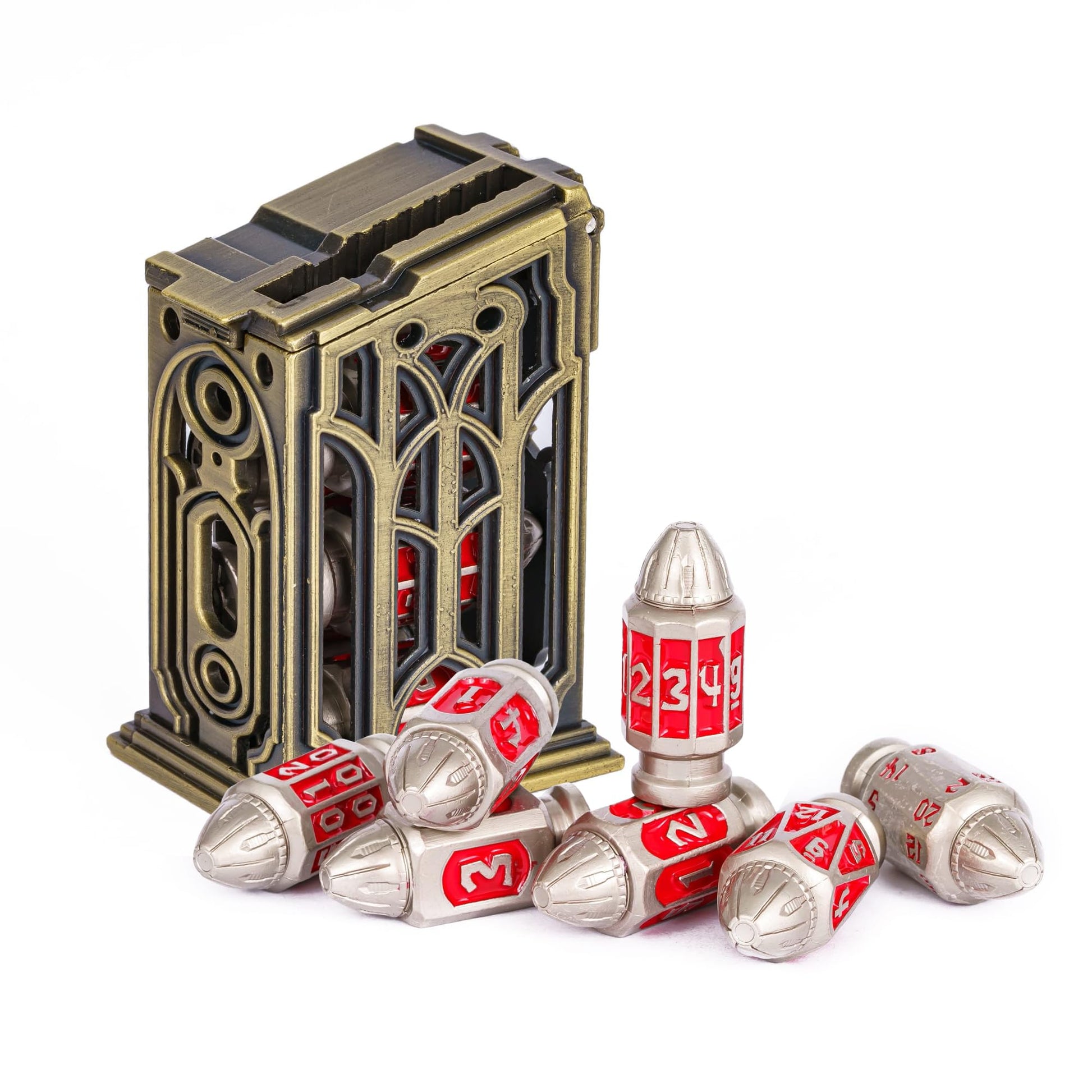 UDIXI Metal Dice Set D&D 7-Die RPG Polyhedral Bullet Dice Set Cyberpunk Style with Magazine Container for Role Playing Game or O