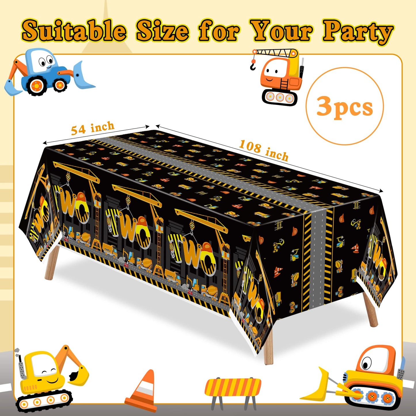 Two Construction Party Tablecloths - 3Pcs Dump Truck Birthday Party Table Covers Decorations, Construction Themed Rectangular Pl