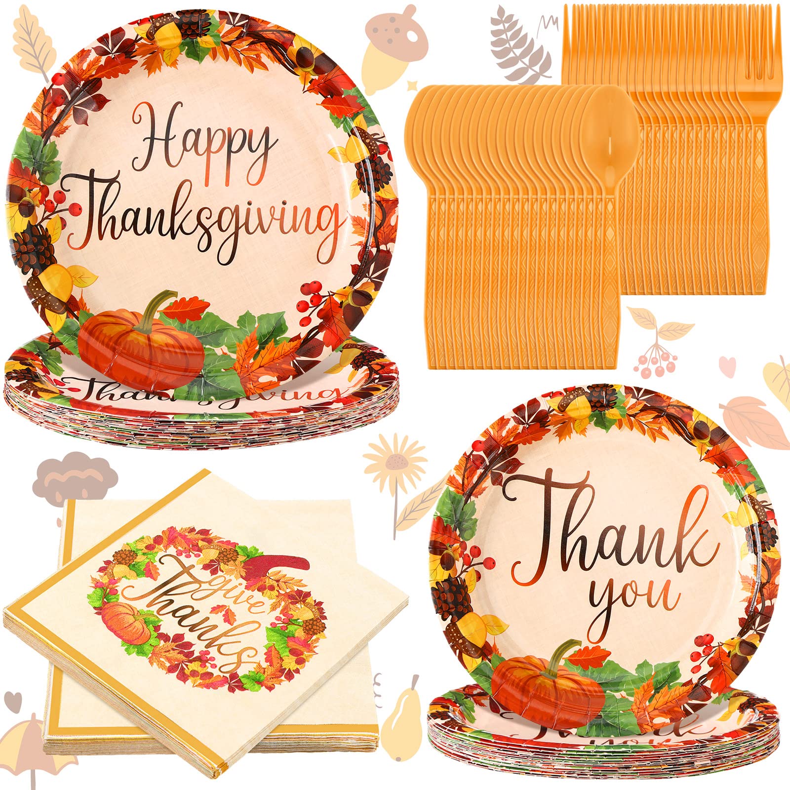 Spiareal 100pcs Thanksgiving Paper Plates and Napkins Pumpkin Theme Party Disposable Dinnerware Give Thanks Tableware for Thanks
