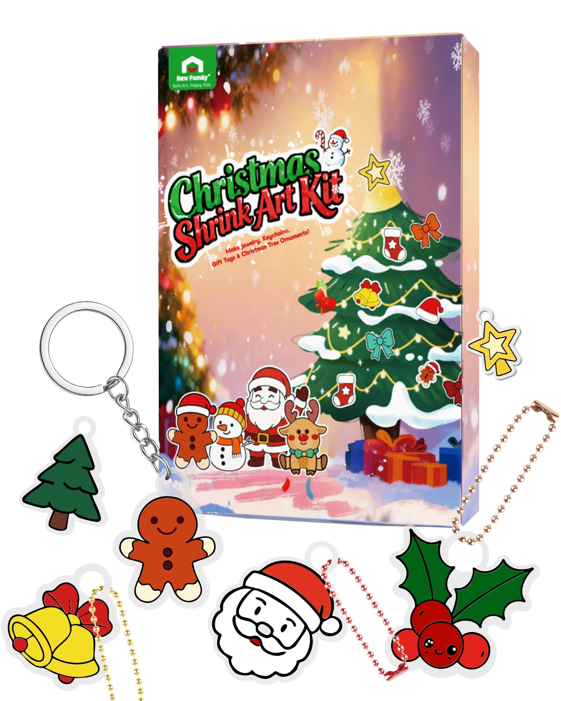 NewFamily Christmas Shrink Art Kit for Kids - 49 Pcs Pre-Cut Shrinky Dinks for Christmas Crafts - DIY Bracelets, Necklaces, Keyc
