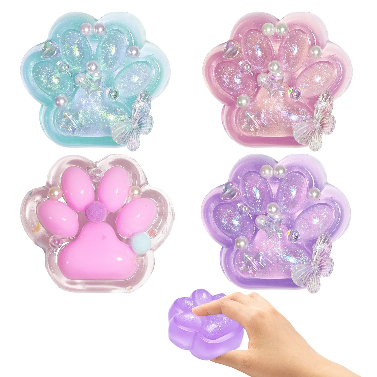 4PCS Cat Paw Squishy Toys  Sparkling Powder Taba Squishy Cute Fufu Cat Paw  Kawaii Pressure-Relief Toy for Kids & mature-themeds