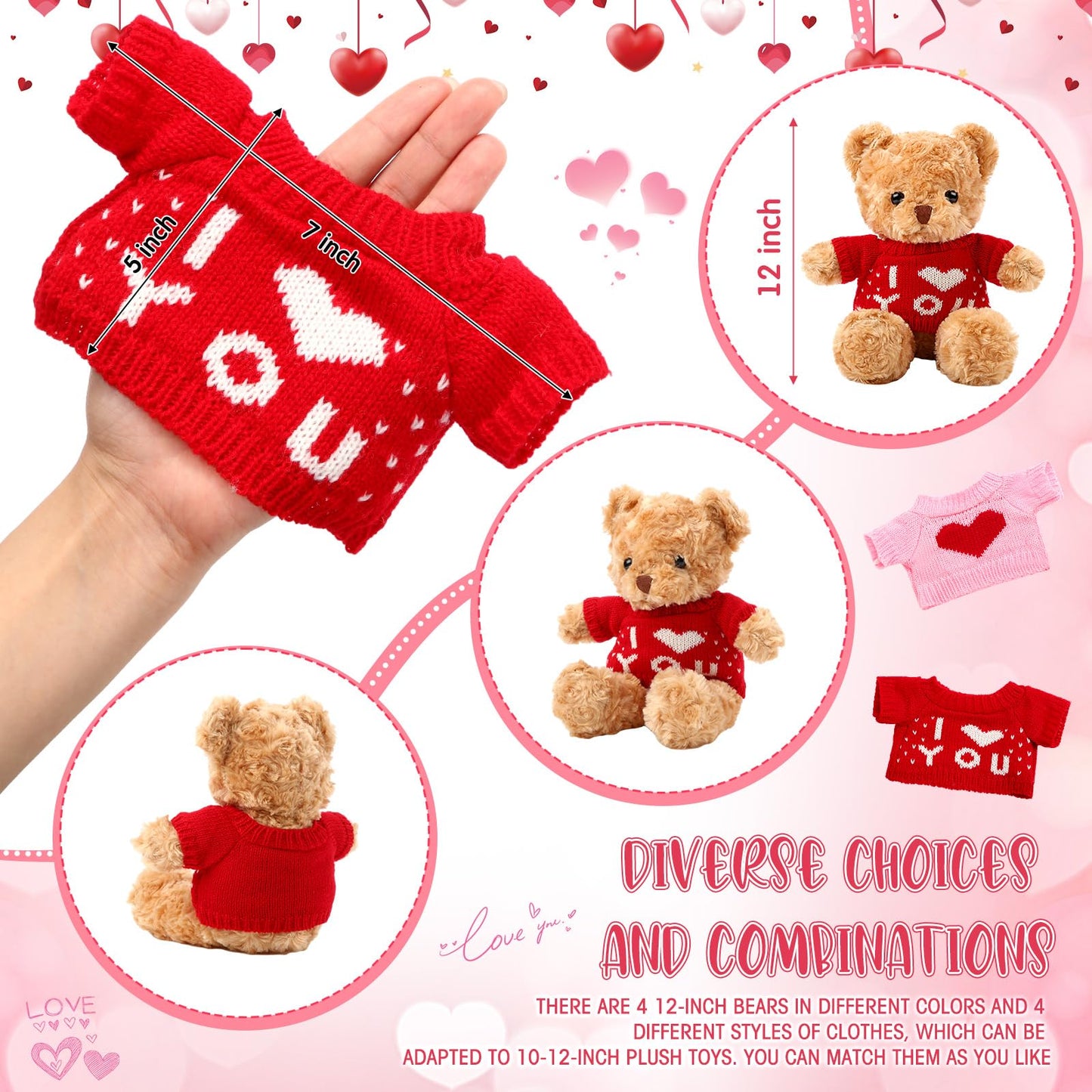 Glimin 4 Pcs Bear Stuffed Animals With 4 Doll Clothes 12 Inch Cute Plush Bear With Removable Clothes Sweater Hoodie Doll Accesso