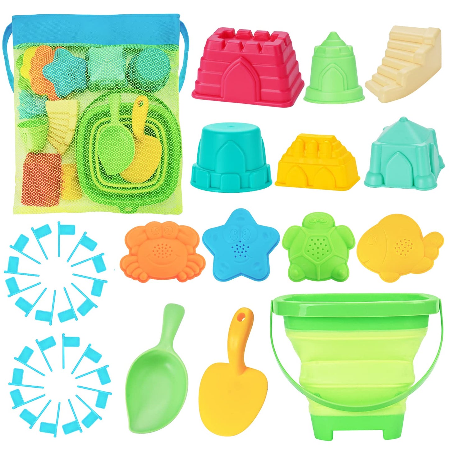 RACPNEL Beach Toys Sand Toys Set for Kids, Collapsible Sand Bucket and Shovels Set with Mesh Bag, Sand Molds, Flags, Sandbox Toy