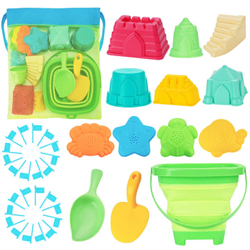 RACPNEL Beach Toys Sand Toys Set for Kids, Collapsible Sand Bucket and Shovels Set with Mesh Bag, Sand Molds, Flags, Sandbox Toy