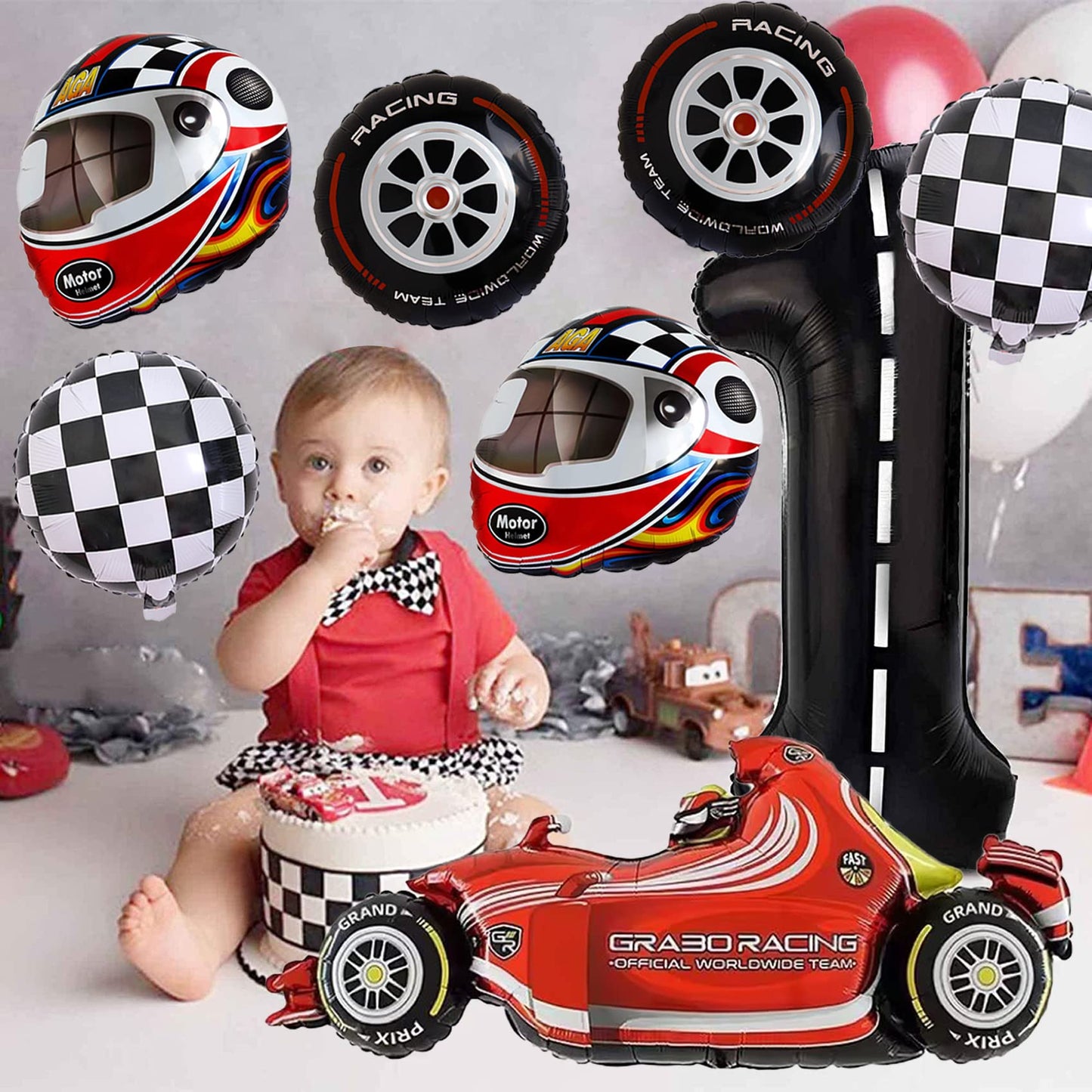 Stcomart 8 Pcs Race Car Party Decorations, Black Number 1 Balloon Checkered Balloons Tire Balloons For Boys 1St Birthday