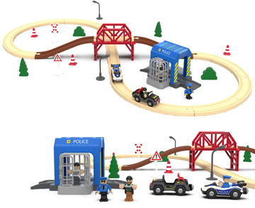 Wooden Train Set For Toddlers, 52Pcs Train Toy With Railway Track For Kids, Wooden Train Tracks Include Expansion Pack Compatible With Thomas, Brio, Chuggington