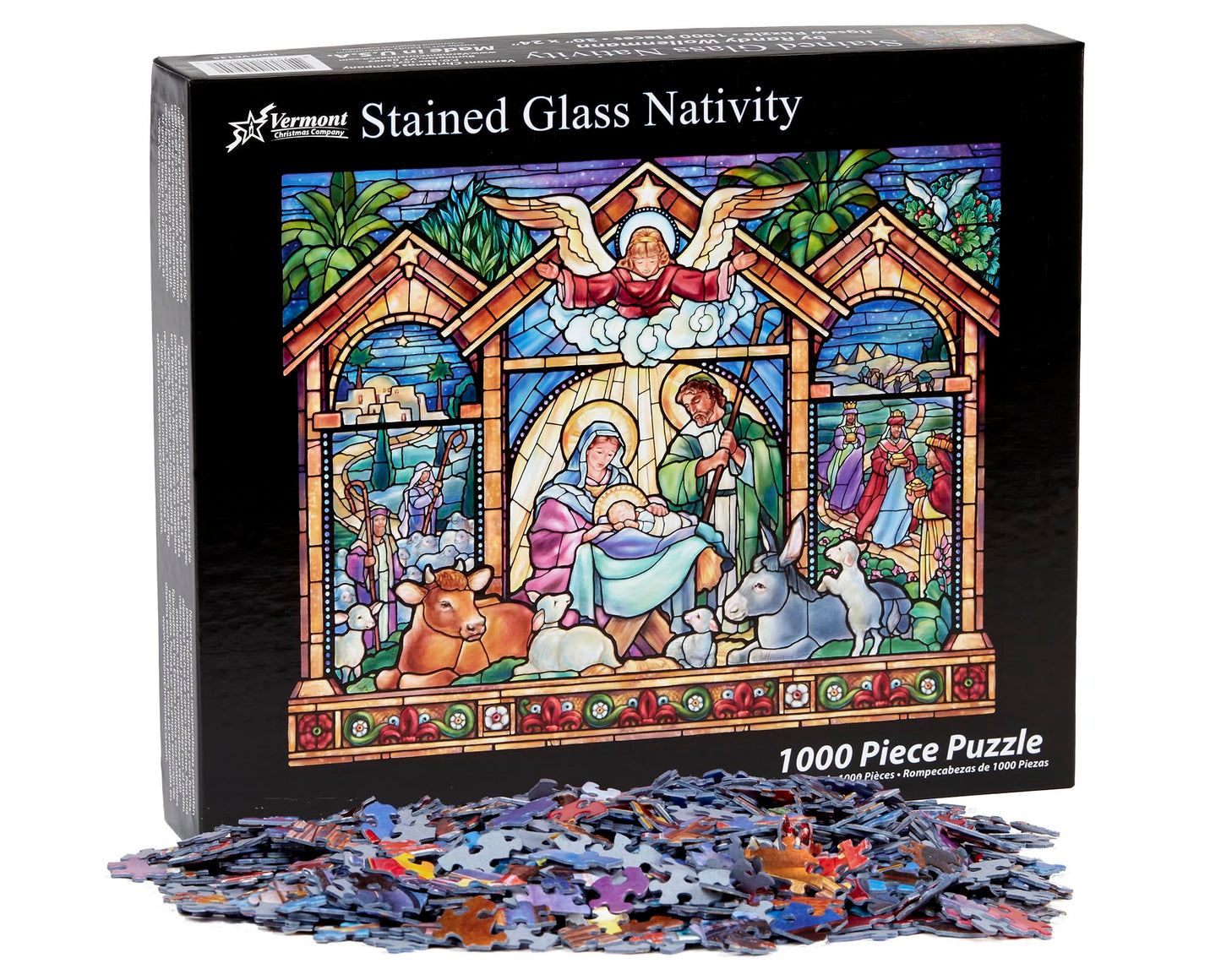 Vermont Christmas Company 1000 Piece Stained Glass Nativity Puzzle - Soft Colorful Shades, Model VC135, Puzzle Board Material