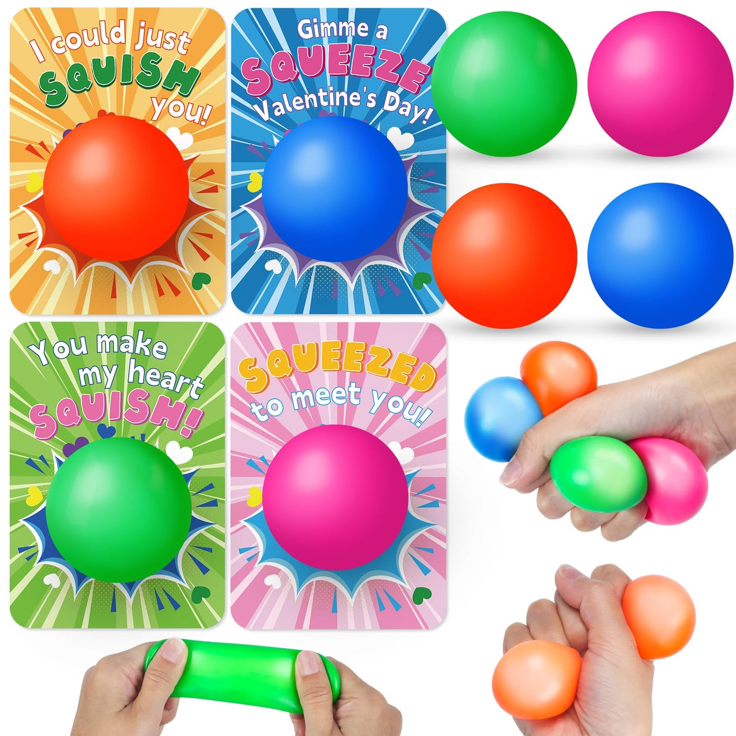Neubsaw 24 Packs Valentine'S Day Cards With Stress Squishy Balls Toy For Classroom Exchange, Valentine'S Gifts Party Favors For