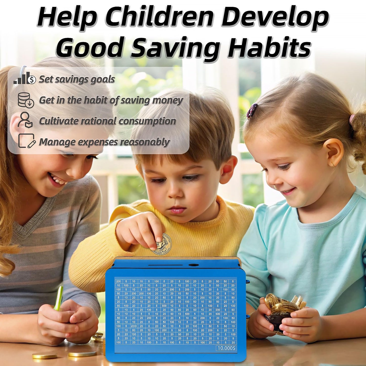 Wenmthg 10000 Larger Size Savings Challenge Box - Cash Vault Wooden Money Savings Box For Adults Kids - Kakeibo Money Bank - Woo