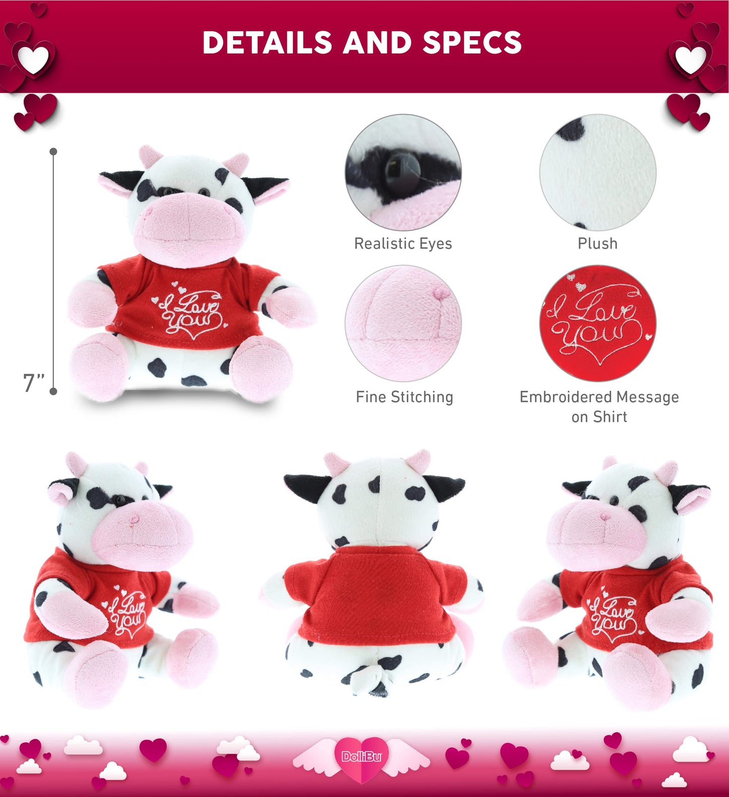 Dollibu I Love You Valentine Plush Cow - Cute Stuffed Animal With Red Shirt And Name Personalization Gift For Valentine'S Day, Birthday, Anniversary, Romantic Date - 6 Inches