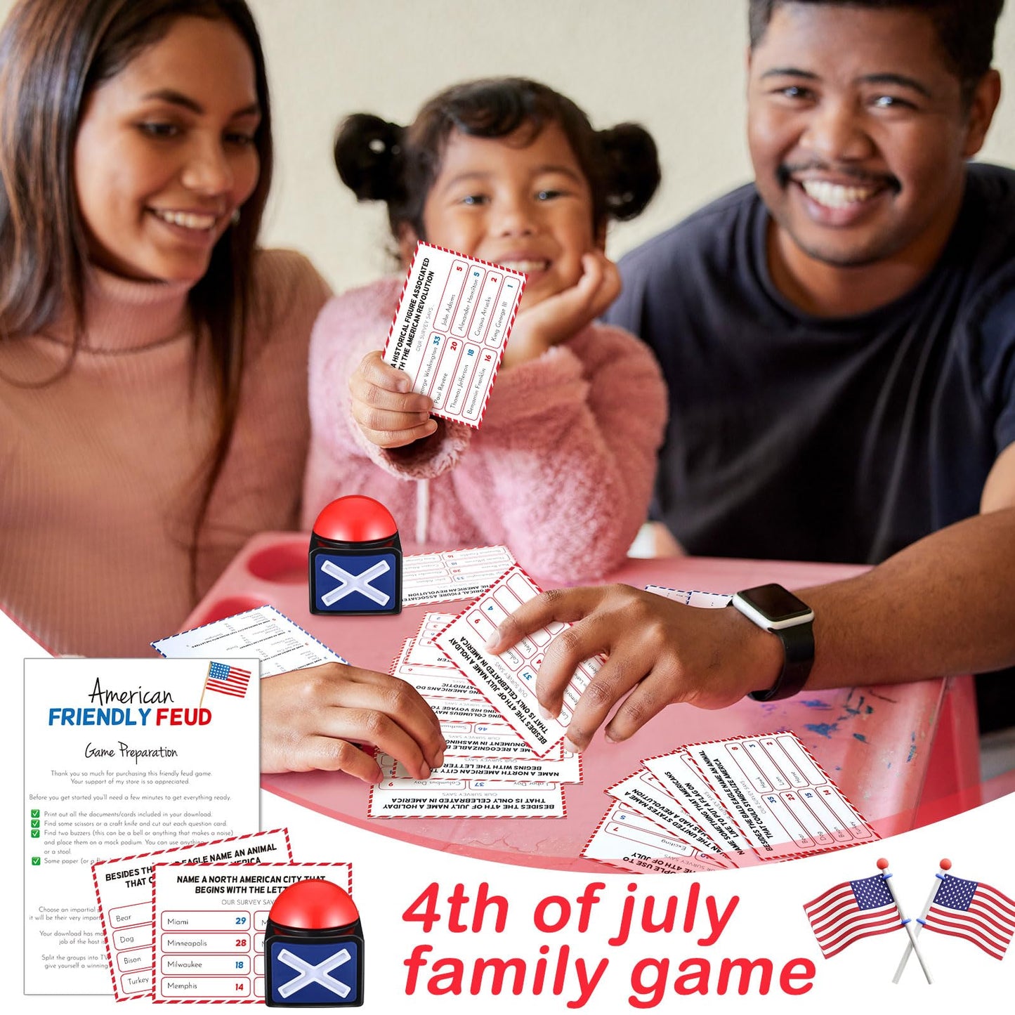 Syhood 4th of July Friendly Feud Game with Answer Buzzer  Patriotic Independence Day Feud Party Game  Fun Family Trivia Quiz Night for Party Office mature-themed Groups(Independence Day)