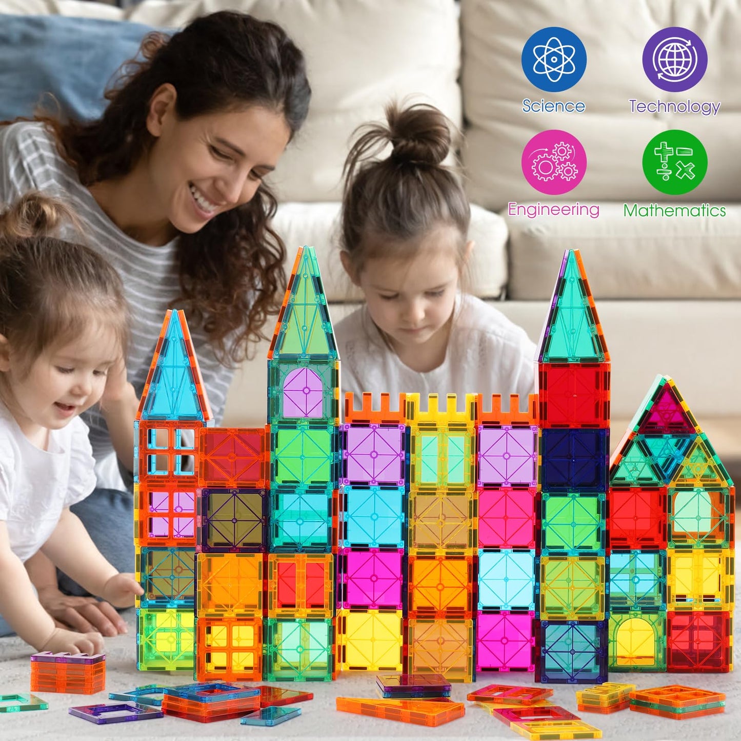 OugerToy Magnetic Building Tiles for Kids,64 PCS Educational Magnetic Stacking Blocks for Boys Girls, Magnets Construction Toys,