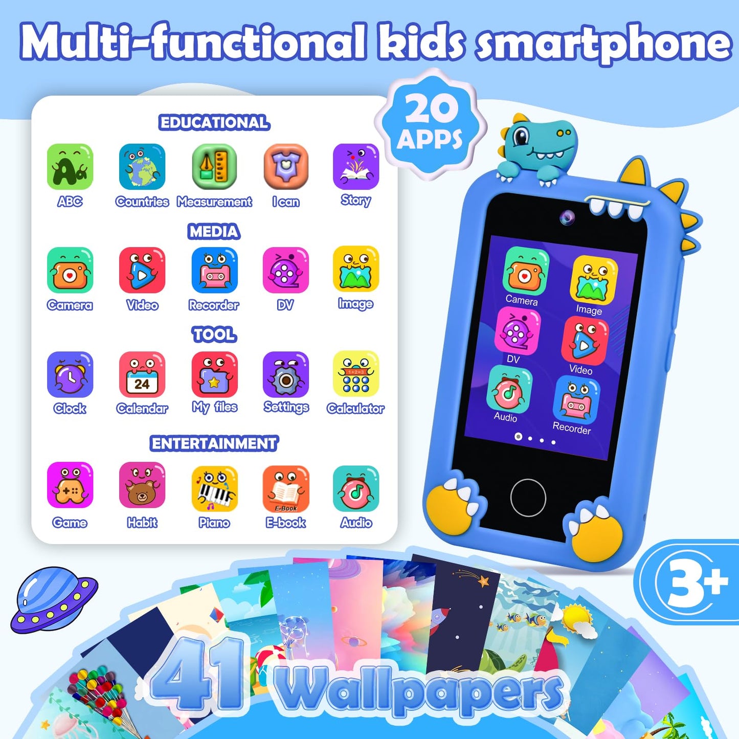 Jusvenmt Kids Dinosaur Toy Phone, Touchscreen, Dual Camera, 44 Games, 32GB Card, Child-Size, Blue, Model S3