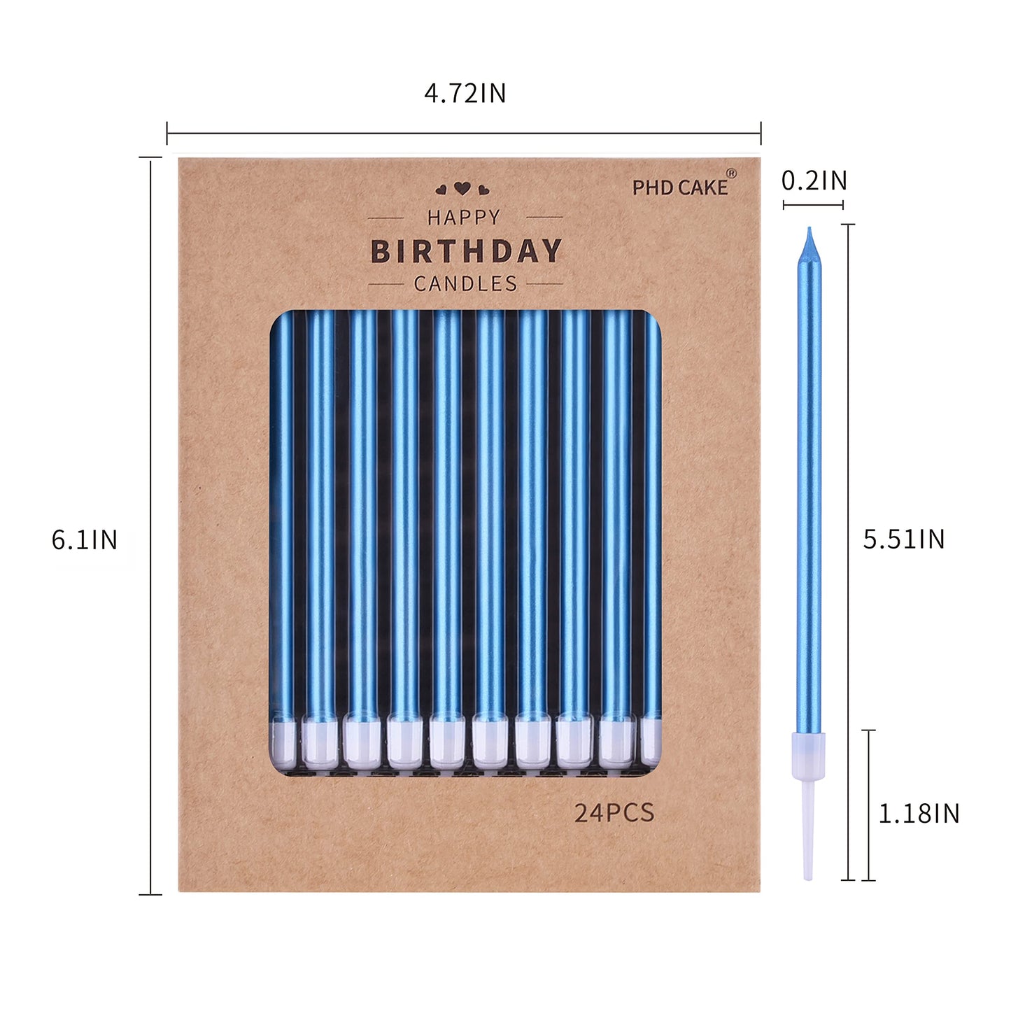 PHD CAKE 24-Count Blue Long Thin Metallic Birthday Candles, Cake Candles, Birthday Parties, Wedding Decorations, Party Candles