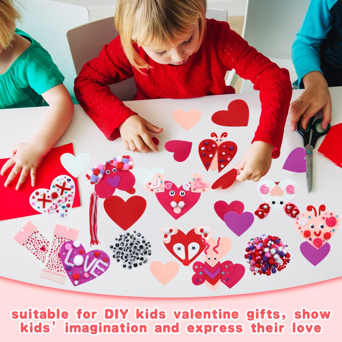 436 Pieces Valentines Day Felt Heart Craft Kit Assorted DIY Heart Ornaments Decorations with Pom-poms Cleaners Googly Eyes Gem