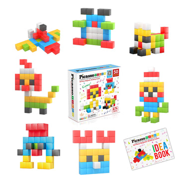 Picassotiles 50 Pieces 1' Magnetic Toy Building Block Cubes Building Block, 3D Cube Construction With Free Idea Book Cubes Magnet Sensory Toys Gifts Educational For Kid, Boy, Girl & Toddlers Pmc50