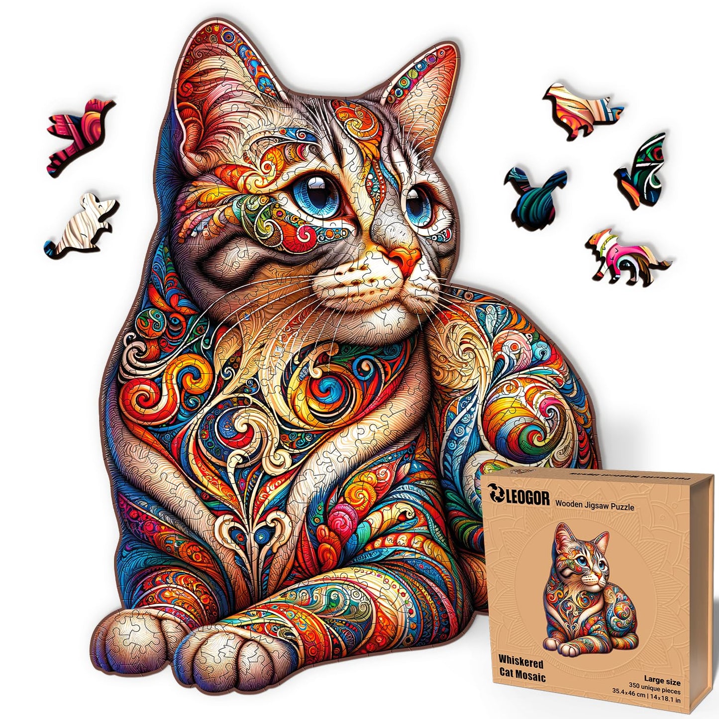 Whiskered Cat Mosaic - 350 Piece Wooden Puzzles for mature-themeds - 14 x 18.1 in - Extra-Thick 5 mm Wood Puzzle  Hand-Drawn Pieces  Animal Shaped Design - enhanced Gift for Puzzle Lovers by LEOGOR