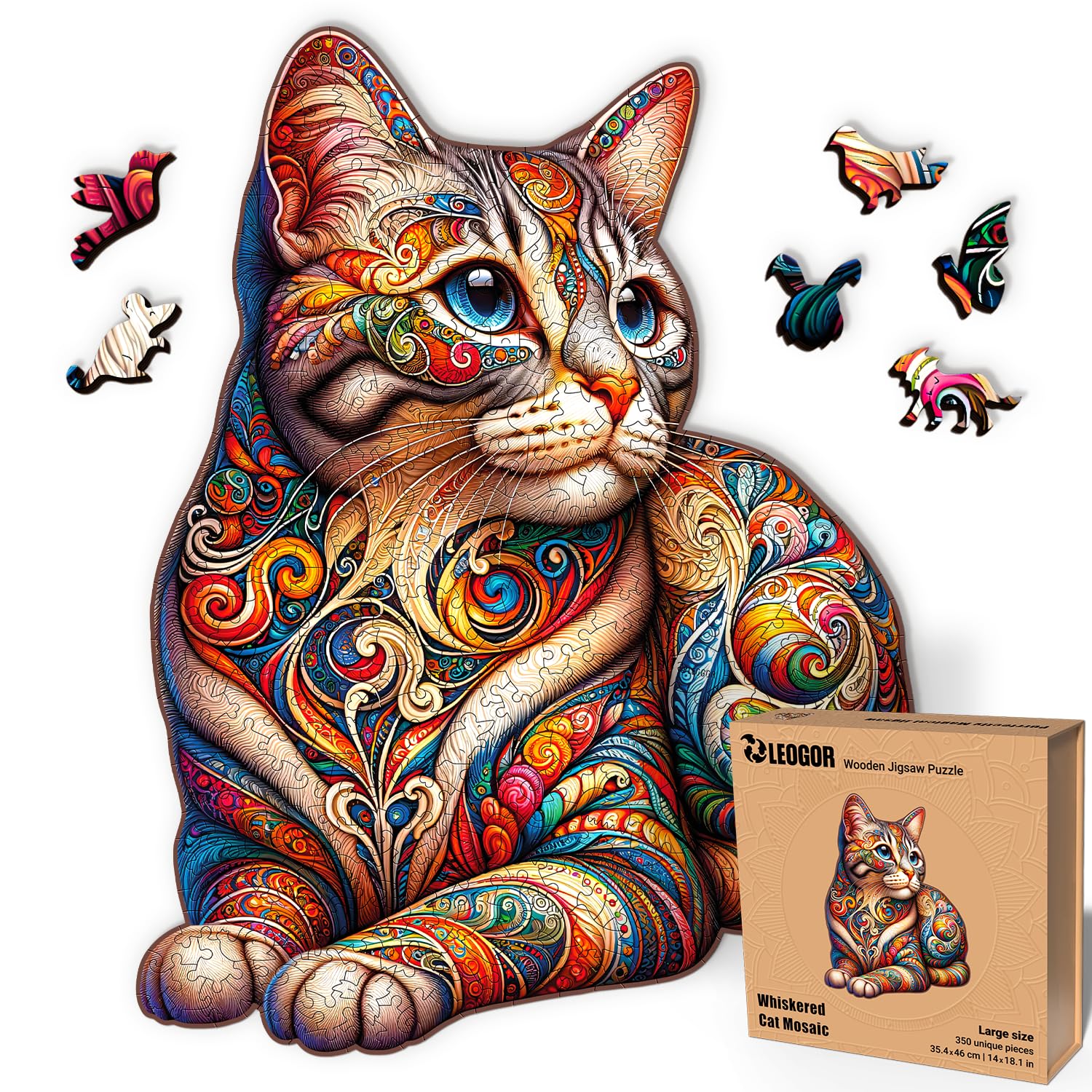 Whiskered Cat Mosaic - 350 Piece Wooden Puzzles for mature-themeds - 14 x 18.1 in - Extra-Thick 5 mm Wood Puzzle  Hand-Drawn Pieces  Animal Shaped Design - enhanced Gift for Puzzle Lovers by LEOGOR