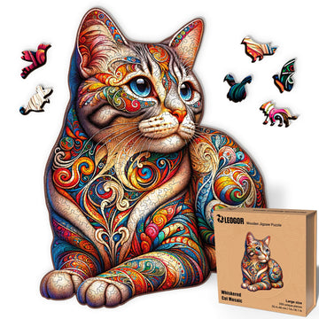 Whiskered Cat Mosaic - 350 Piece Wooden Puzzles for mature-themeds - 14 x 18.1 in - Extra-Thick 5 mm Wood Puzzle  Hand-Drawn Pieces  Animal Shaped Design - enhanced Gift for Puzzle Lovers by LEOGOR