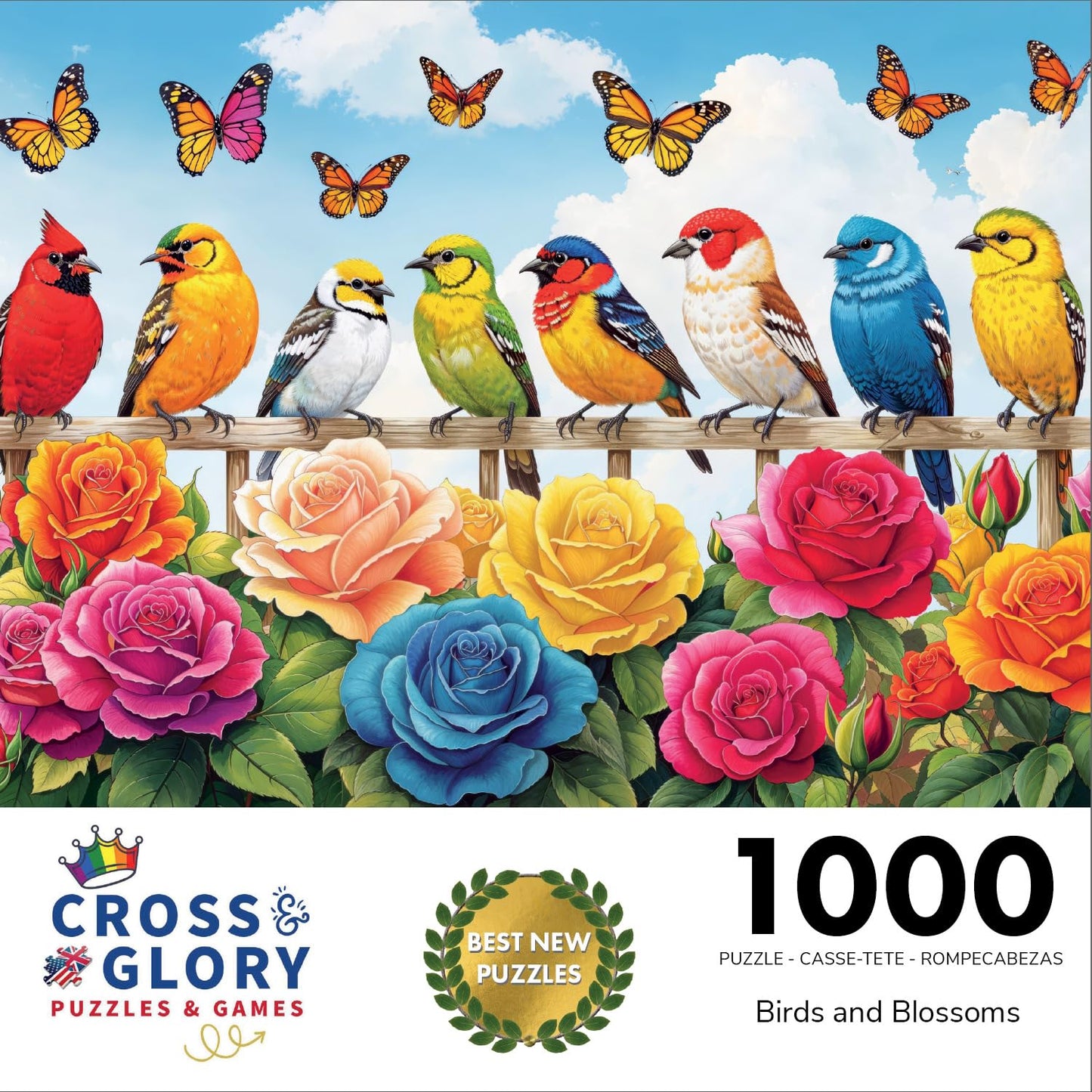Cross & Glory - Birds And Blossoms - 1000 Piece Jigsaw Puzzle For Adults | Colorful Rose Garden Gala With Vibrant Birds & Roses