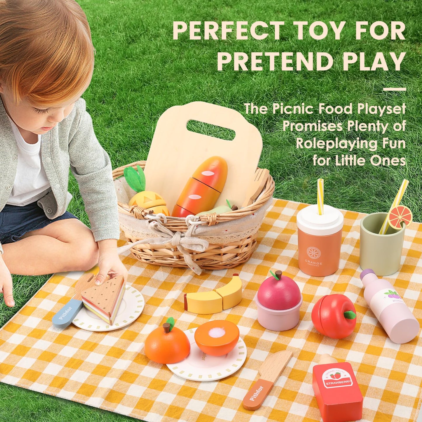 Pithfor Picnic Playset, Wooden Play Food Set for Kids Kitchen, Cutting Pretend Play Kitchen Food Toy for Toddlers Girls Boys 1 2