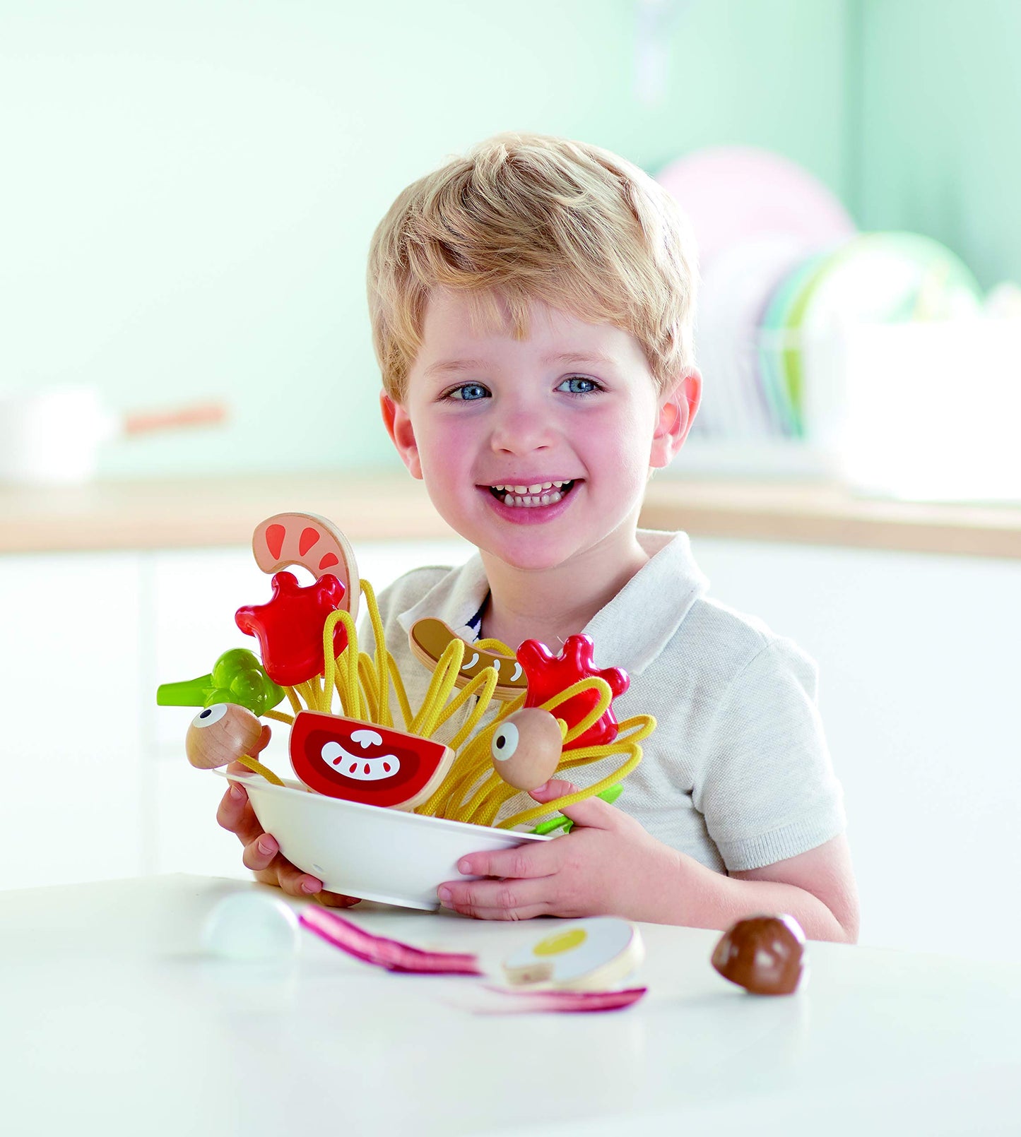 Hape Silly Spaghetti |13 Piece Wooden Spaghetti Fidget Toy, Colorful Pretend Play Cooking Set For Kids 3 Years And Up (E3165)