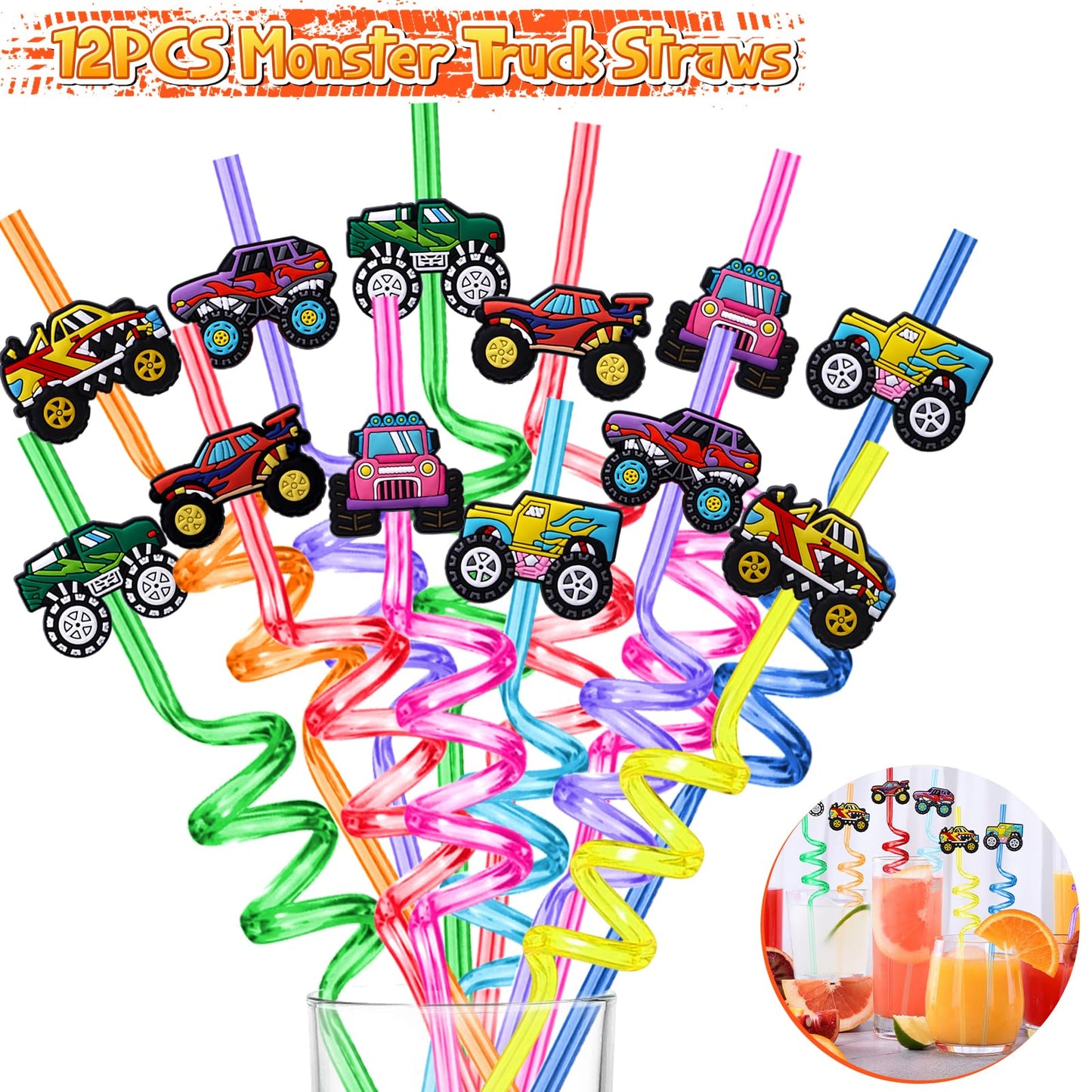 SNLN 98Pcs Monster Truck Party Favors Birthday Supplies for Boys Kids, Bubble Wands Drinking Straws Slap Bracelets Keychains Sti