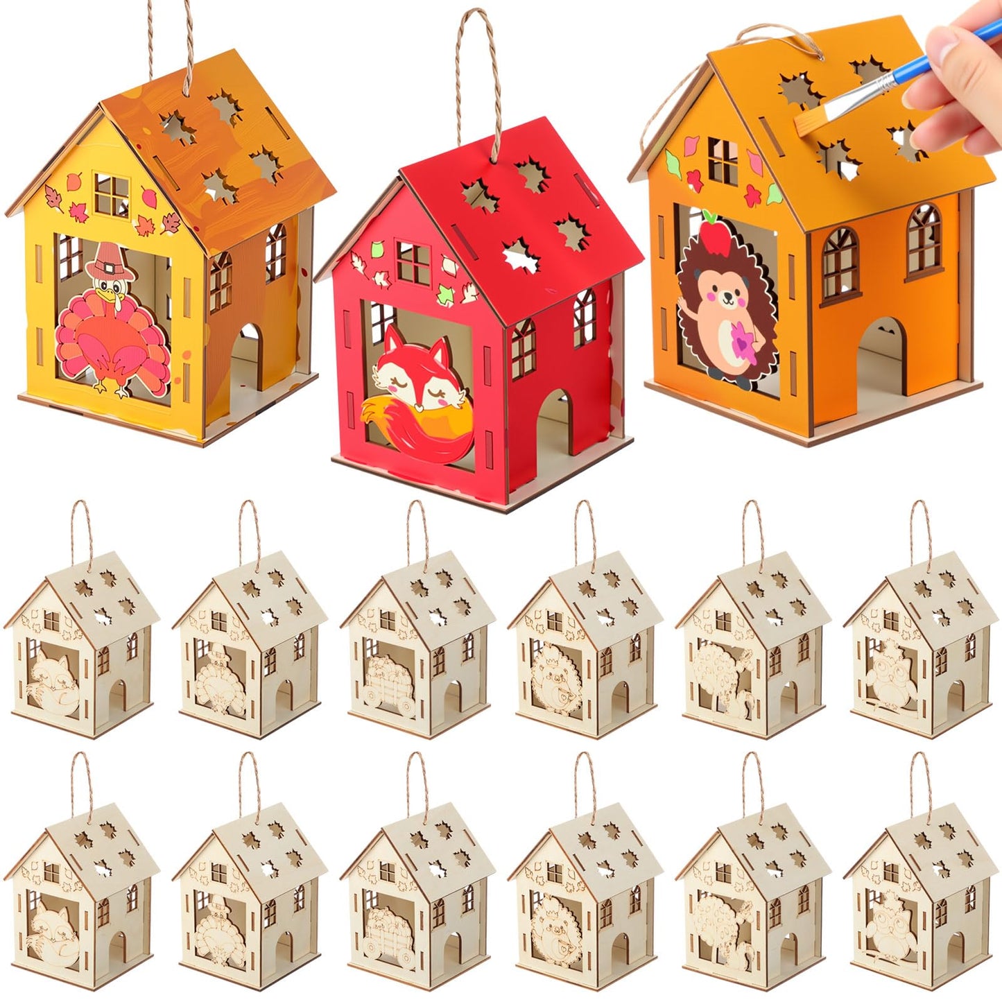 DoubleFill 12 Pcs Fall Wooden House Craft Kits for Kids Adults Make You Own Fall House Thanksgiving DIY Unfinished Painting Turk