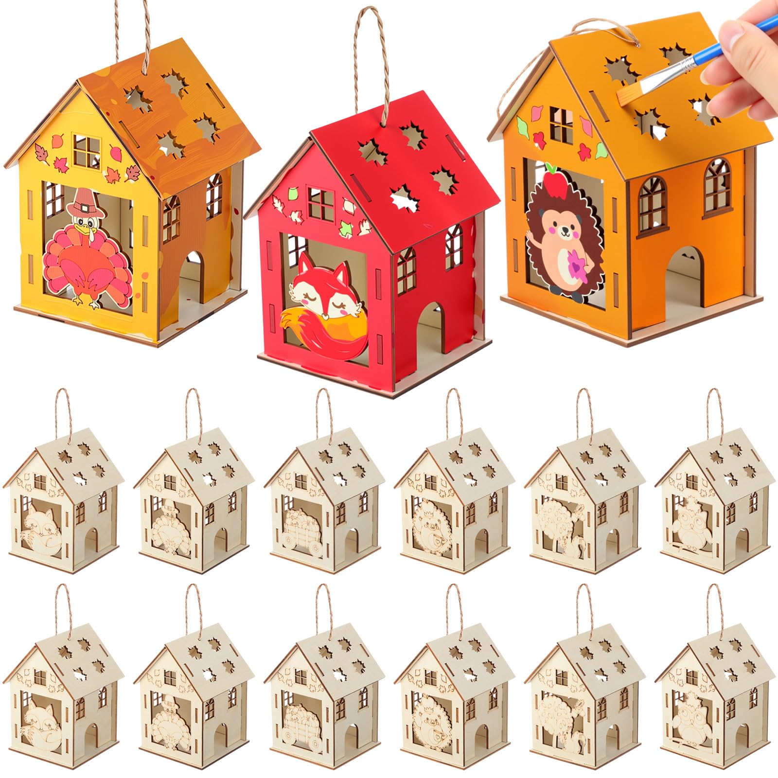 DoubleFill 12 Pcs Fall Wooden House Craft Kits for Kids Adults Make You Own Fall House Thanksgiving DIY Unfinished Painting Turk