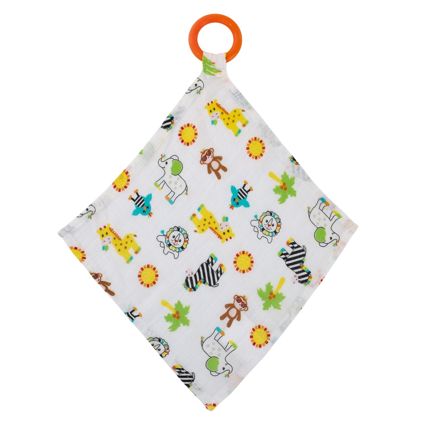 Nojo Sassy Baby Eli Elephant, Zebra And Giraffe Multi-Colored Print 100% Cotton Muslin Security Baby Blanket With Teether