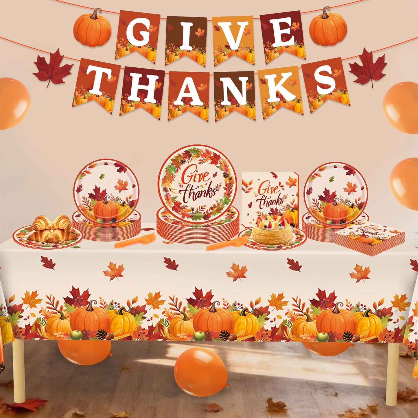 Thanksgiving Plates, 98PCs Give Thanks Plates Serves 24 with Napkins Tablecloth and Give Thanks Banner Forks for Fall Autumn Tha