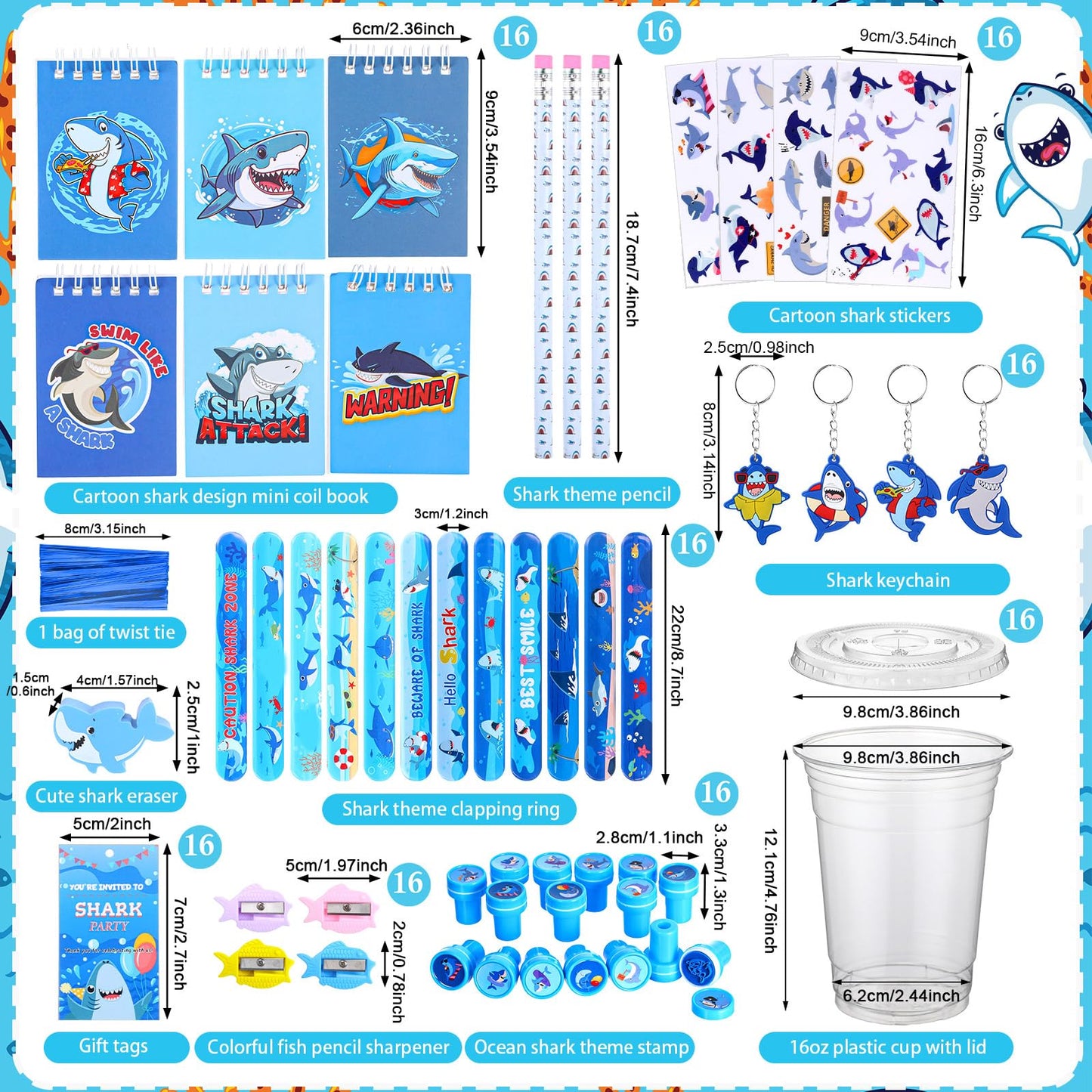 Colarr 161 Pcs Shark Party Favor Shark School Stationery Set Includes Gift Cup Notebook Pencil Sharpener Eraser Keychain Stamp S