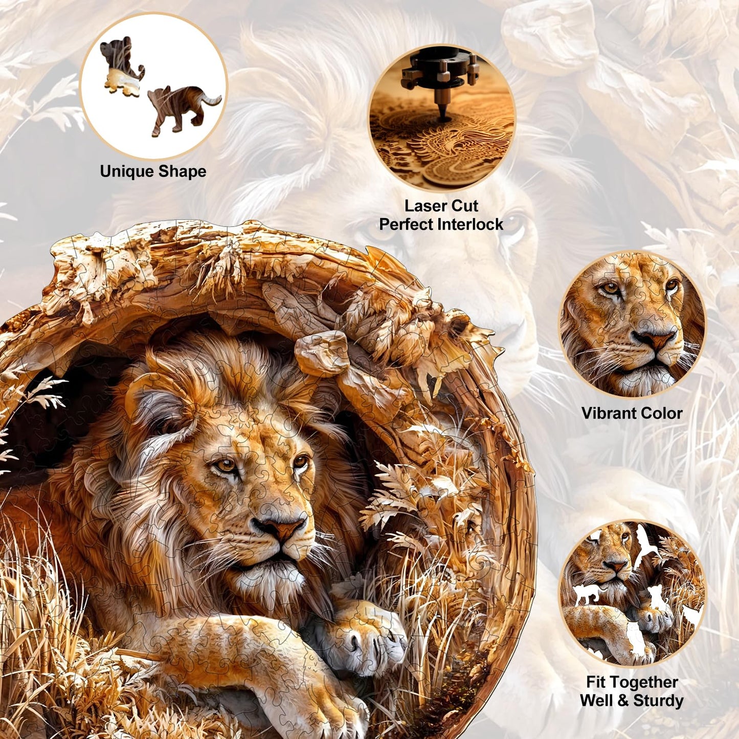 KAAYEE Wooden Puzzles for mature-themeds  3D Vision Effect Lion King Wooden Jigsaw Puzzles 200 PCS Unique Shape Wood Puzzle mature-themed  Birthday Father Mother Gifts for Puzzle Lover Family Game (M-11.4 * 11.4in)