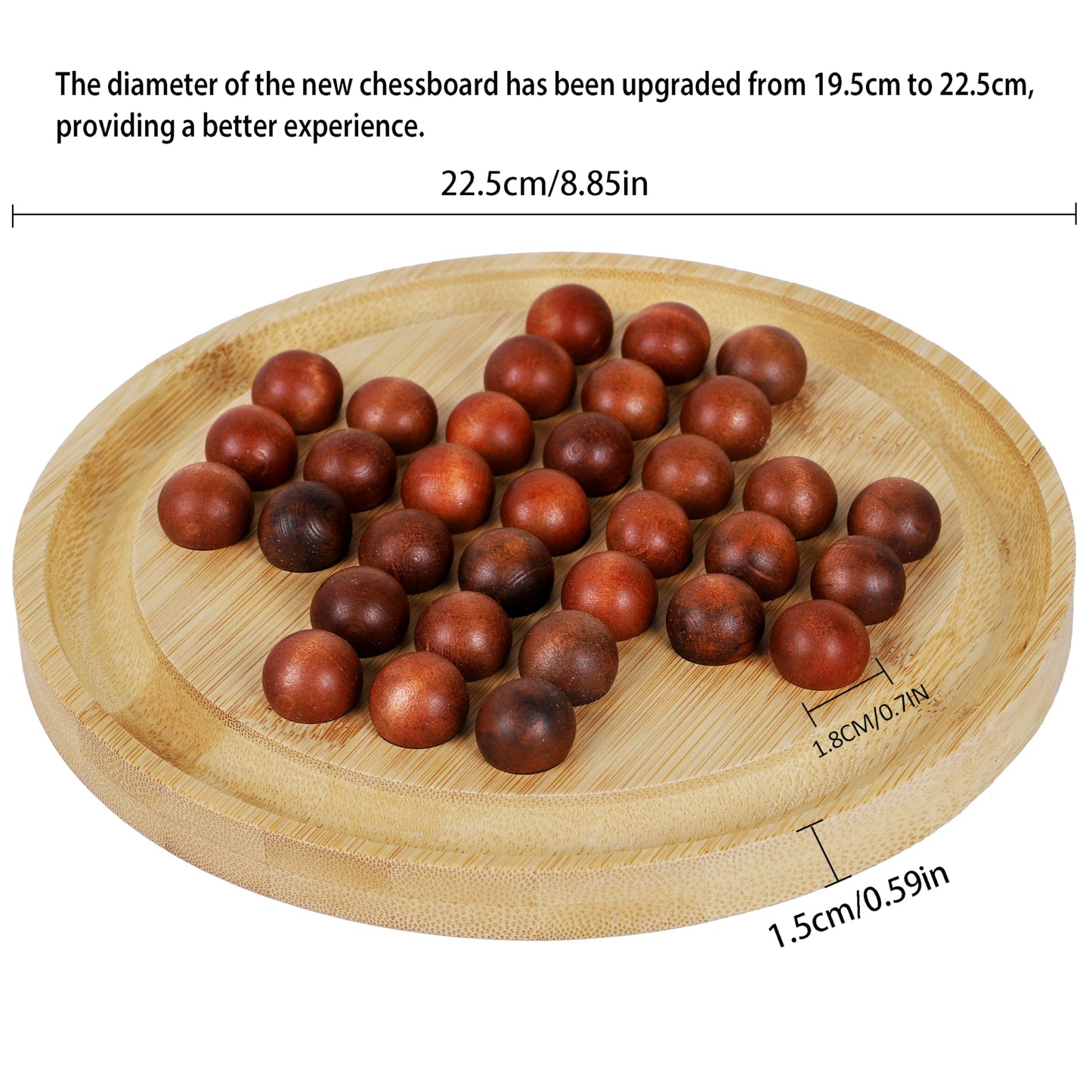 TOWO Wooden Solitaire Game -Peg Solitaire Puzzle Toy - Classic Board Game Marble Chess Mind Game 22.5 CM 8.8    Round Board with