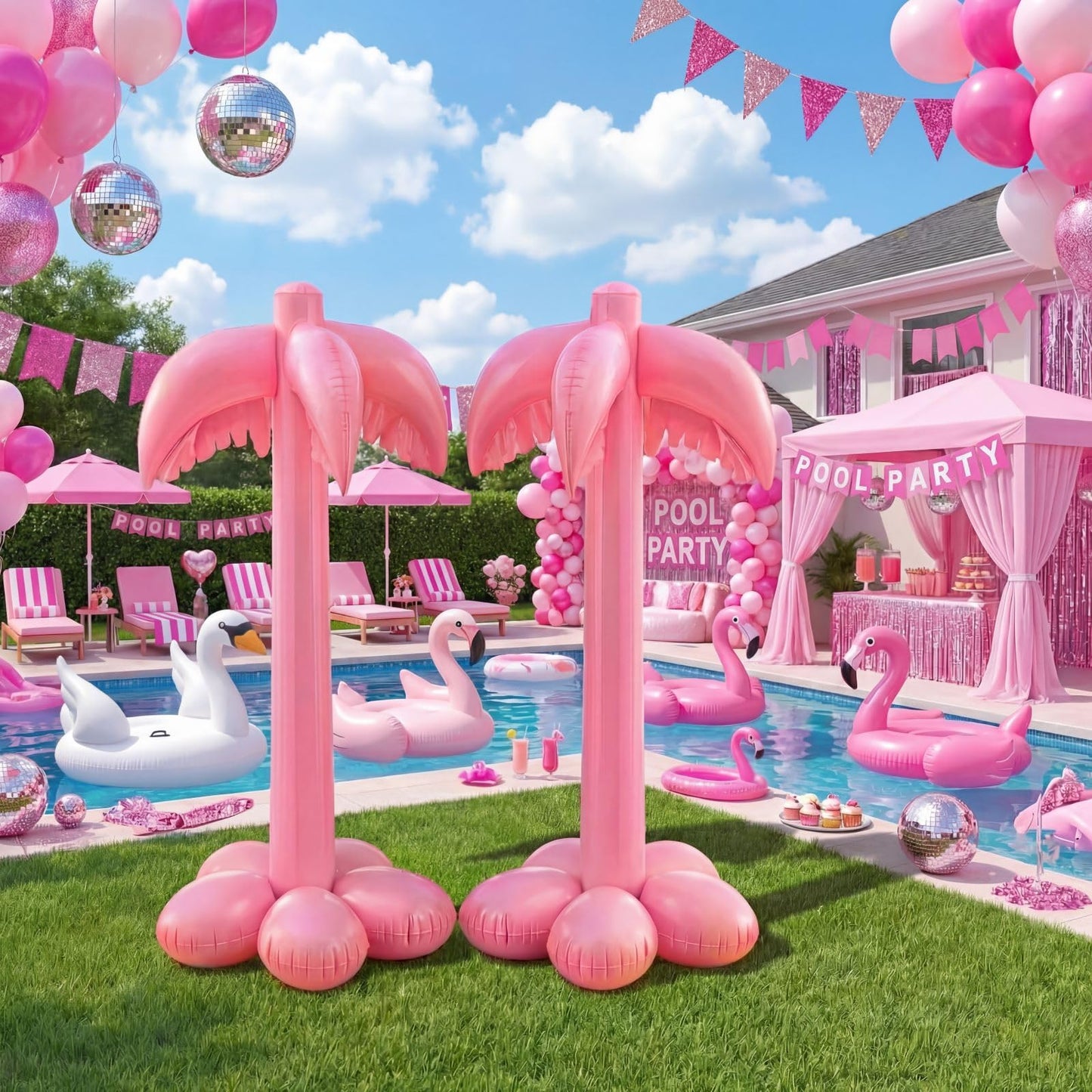 JolliLudo 2 Pack Giant Inflatable Pink Palm Trees 51 Inches Large Hot Pink Blow up Coconut Tree for Pool Hawaiian Luau Summer Be