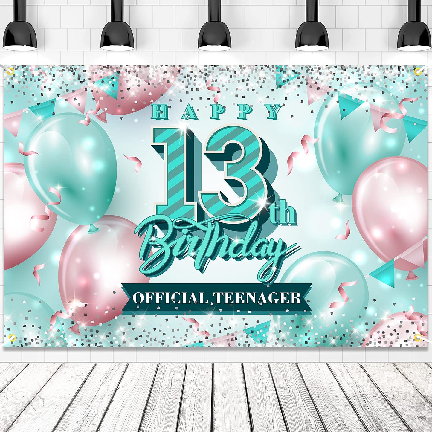 Happy 13Th Birthday Banner Backdrop Official Teenager 13 Years Old Pink And Teal Background Bday Decorations For Girls Photography Party Supplies Glitter