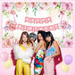 Pink Happy Birthday Backdrop, Rose Flowers Birthday Photography Backdrop, Floral Birthday Banner Birthday Party Flower Backdrop