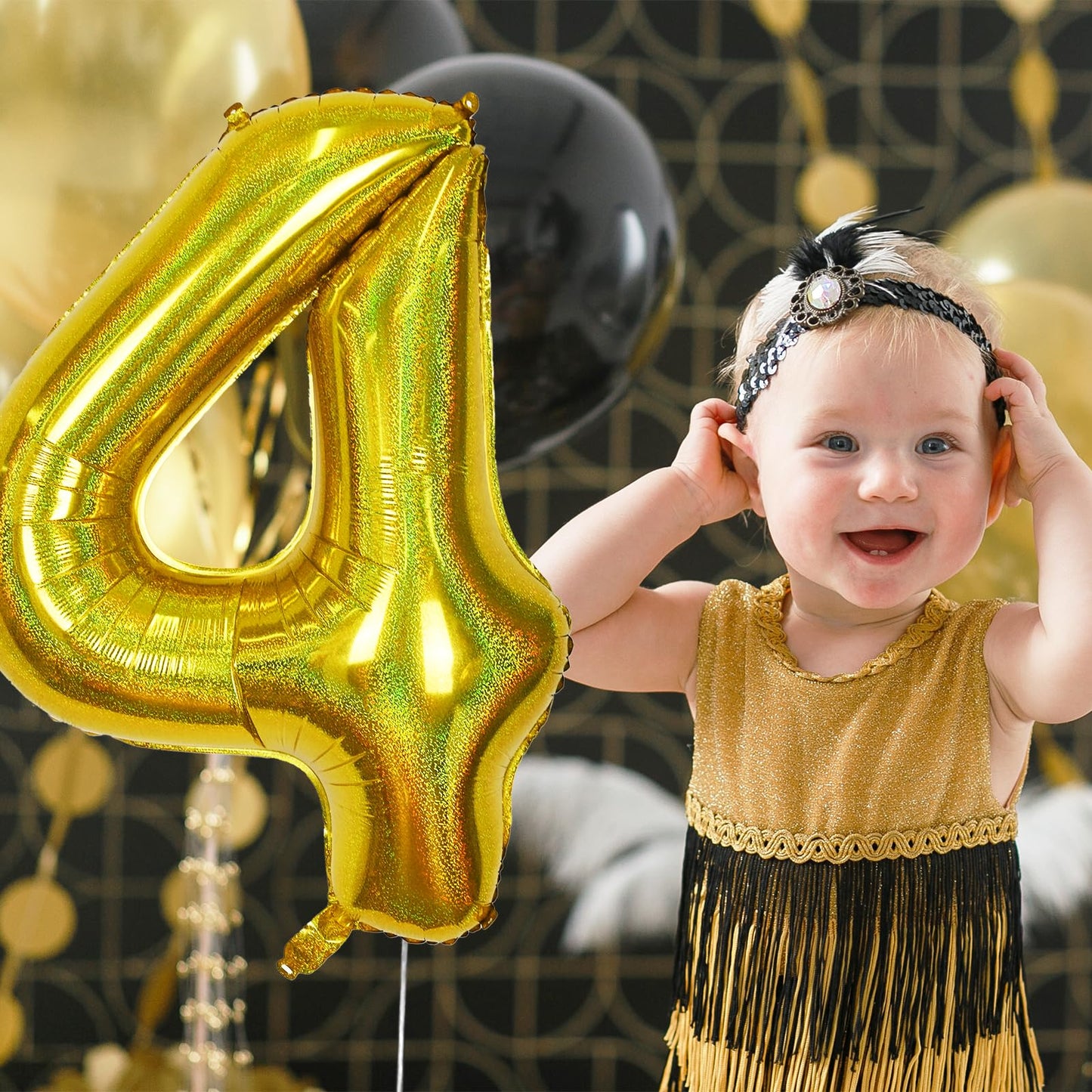 Large Number 4 Balloons, 40 Inch Laser Gold Helium 4 Balloons For Kids 4 Year Old Birthday Decor, Self Inflating Foil Globos Dor