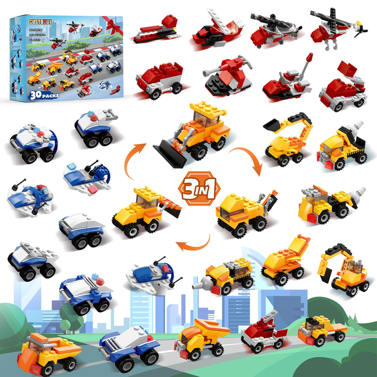 Custoduy 30 Packs Car Building Blocks Party Favors  Transformable Car Building Blocks Set